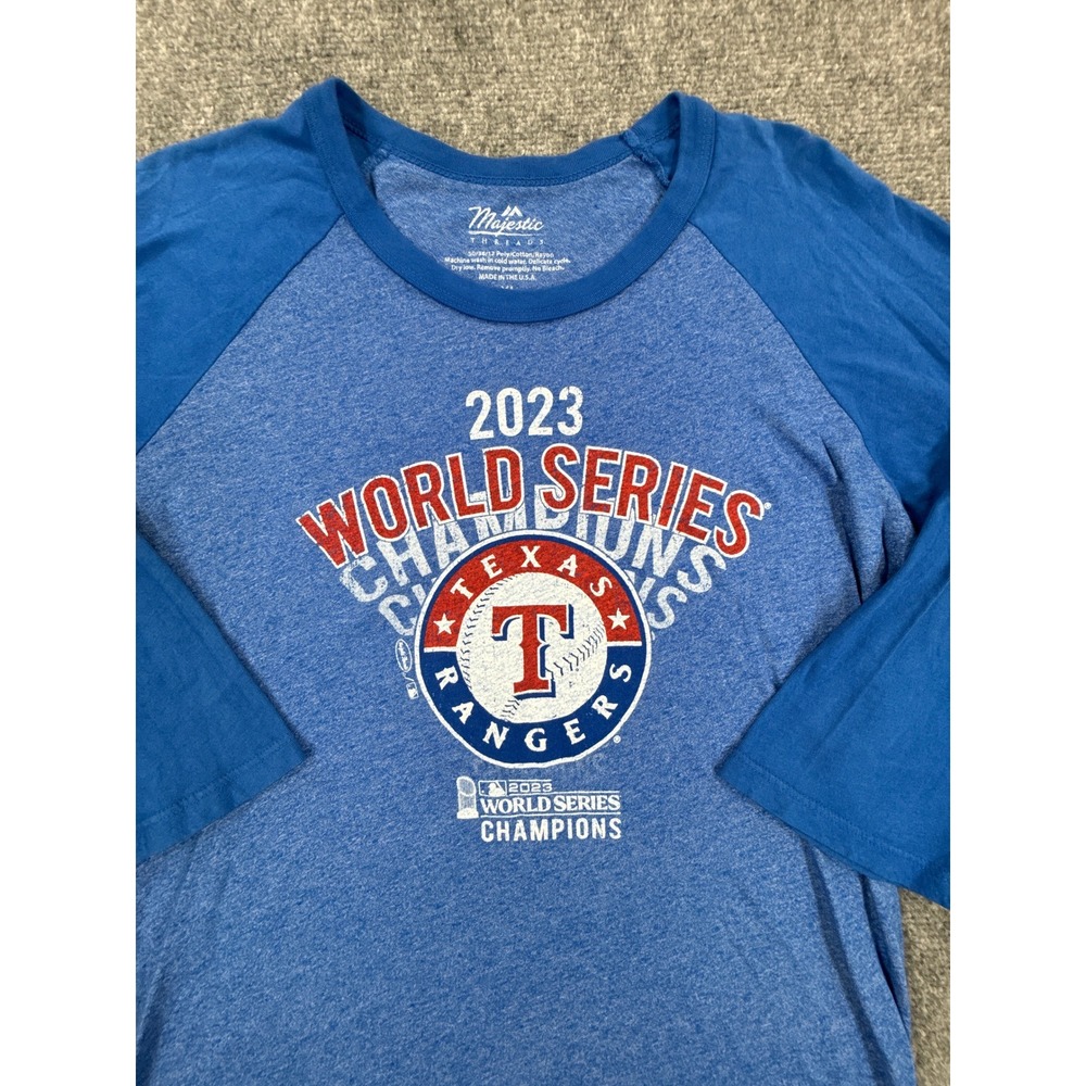 Majestic Texas Rangers 2023 World Series Champions Raglan Shirt Blue Women XL